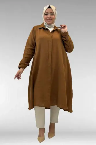 58093 Plus Size Mevlana Cut Muslin Shirt - Coffee - 1