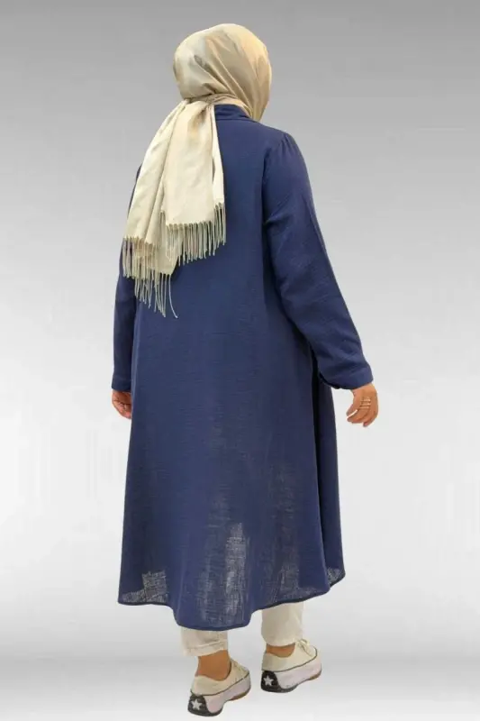 58093 Plus Size Mevlana Cut Muslin Shirt - Navy Blue - 3