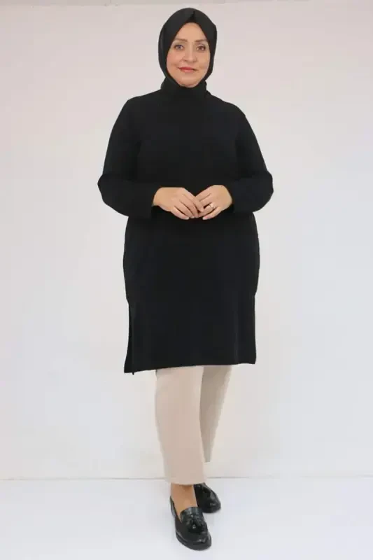 58103 Plus Size Bias Detailed Mir Tunic - Black - BÜYÜKBEDENIZ