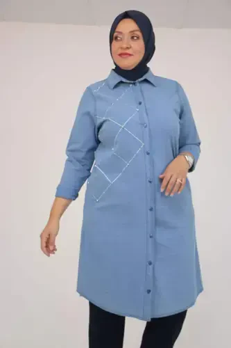 58123 Katta Hajmli Oldi Tosh Tafsilotli Kot Tugmali Tunik - Asalli - 1