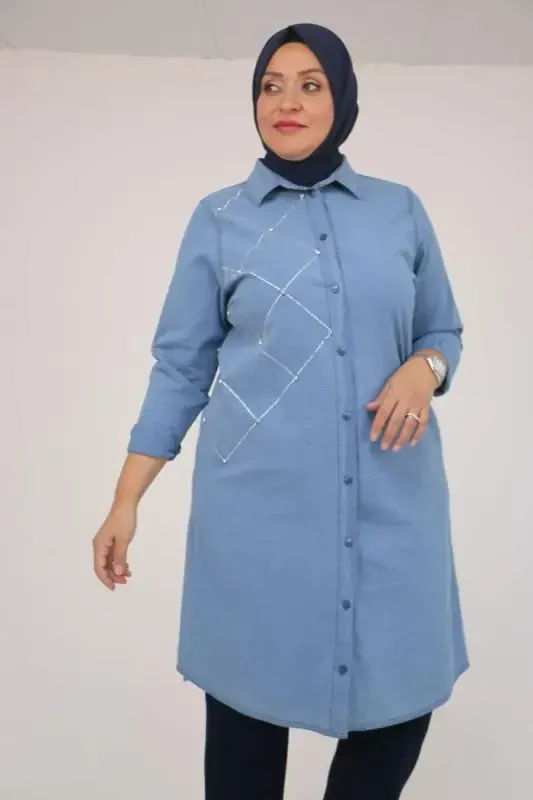58123 Plus Size Stone Detailed Jean Buttoned Tunic - Honeycomb - 1