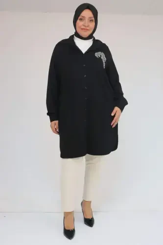 58126 Plus Size Buttoned Accessory Detailed Modal Tunic - Black - 1