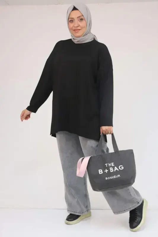 58132 Большой Размер Передняя Часть Чима Детали Боковой Разрез Модал Туника - Черный - 1