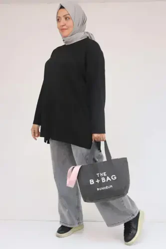 58132 Большой Размер Передняя Часть Чима Детали Боковой Разрез Модал Туника - Черный - BÜYÜKBEDENIZ (1)