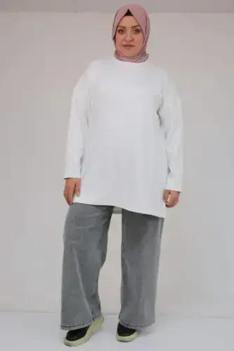 58132 Большой Размер Спереди Çıma Детальный Боковой Разрезной Модальный Туника - Экрю - 1
