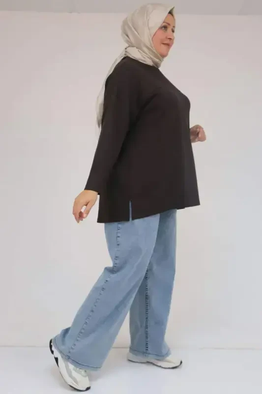 58132 Большой размер Туника модал с разрезом сбоку и деталями спереди - Кофе - 2