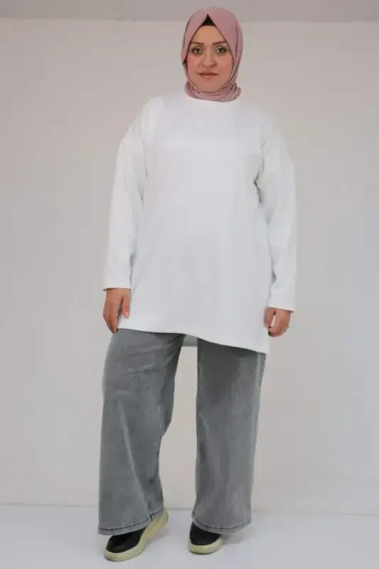 58132 Katta Hajmli Oldi Chima Tafsilotli Yon Yirtigli Modal Tunika - Oq - BÜYÜKBEDENIZ