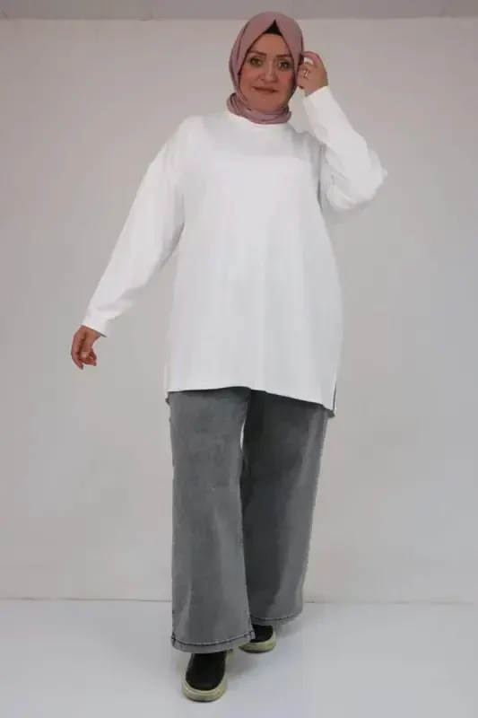 58132 Katta Hajmli Oldi Chima Tafsilotli Yon Yirtigli Modal Tunika - Oq - 2