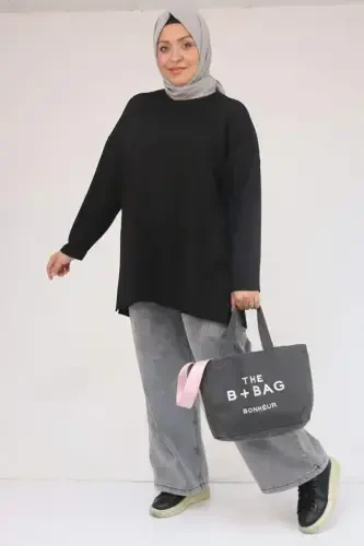 58132 Plus Size Front Seam Detail Slit Side Modal Tunic - Black - 1