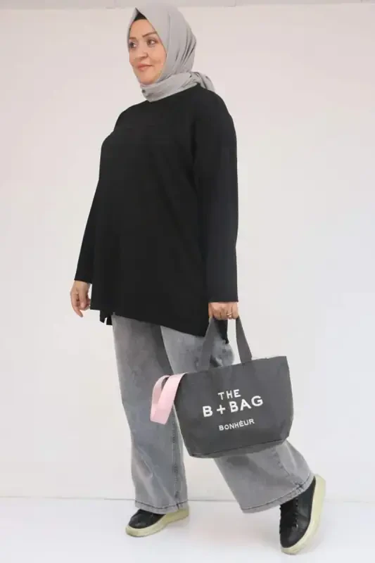 58132 Plus Size Front Seam Detail Slit Side Modal Tunic - Black - 2