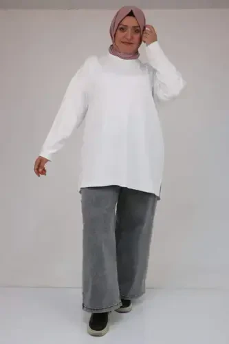 58132 Plus Size Front Stitched Detailed Slit on Side Modal Tunic - Ecru - BÜYÜKBEDENIZ (1)