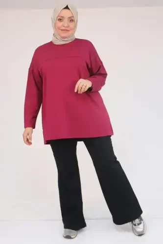 58132 Plus Size Front Stitched Detailed Slit Side Modal Tunic - Burgundy - 1