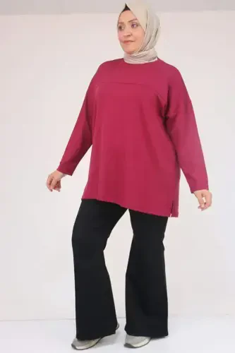 58132 Plus Size Front Stitched Detailed Slit Side Modal Tunic - Burgundy - BÜYÜKBEDENIZ (1)