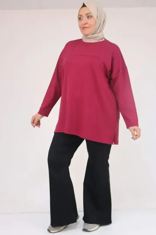 58132 Plus Size Front Stitched Detailed Slit Side Modal Tunic - Burgundy - 2