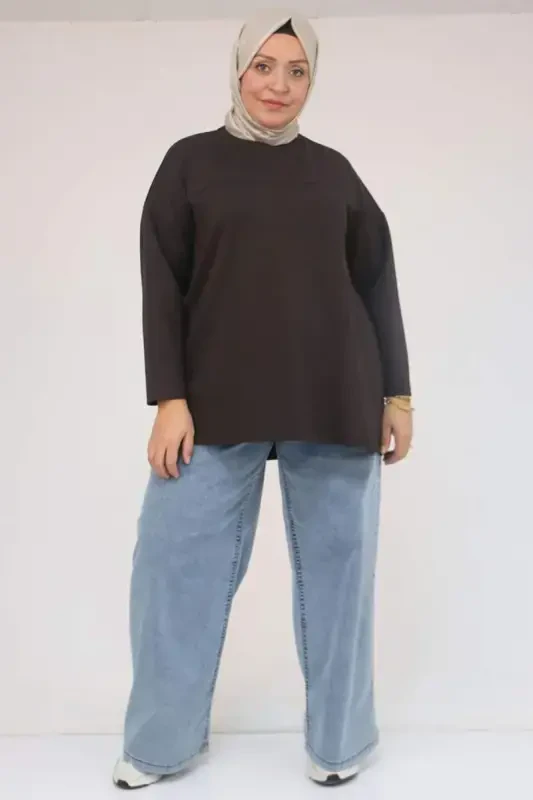 58132 Plus Size Front Stitched Detailed Slit Side Modal Tunic - Coffee - BÜYÜKBEDENIZ