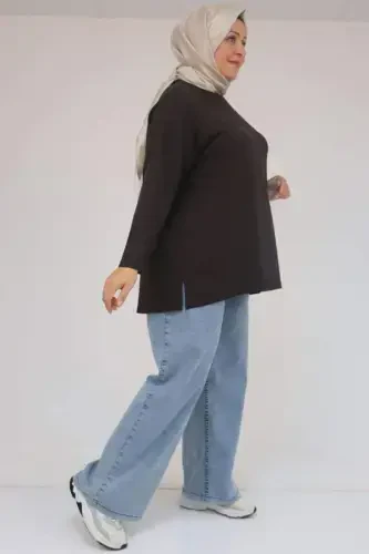 58132 Plus Size Front Stitched Detailed Slit Side Modal Tunic - Coffee - BÜYÜKBEDENIZ (1)