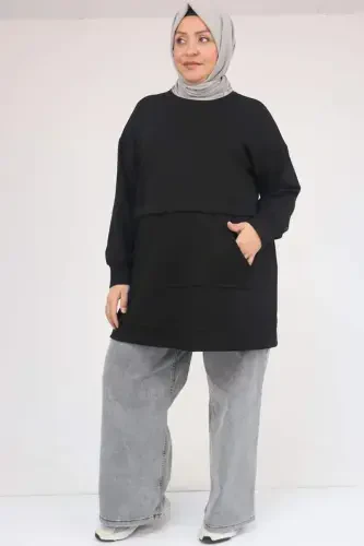 58133 Большой Размер Кенгуру Карманный Модальный Туник - Черный - 1