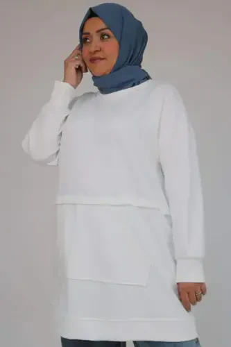 58133 Büyük Beden Kanguru Cepli Modal Tunik - Ekru - 2