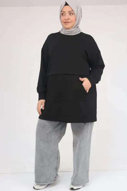 58133 Plus Size Kangaroo Pocket Modal Tunic - Black - 1