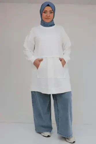 58133 Plus Size Kangaroo Pocket Modal Tunic - Ecru - 1