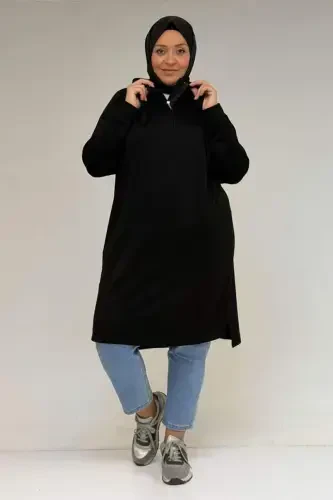 58135 Plus Size Hooded Half Padded Modal Tunic - Black - 1