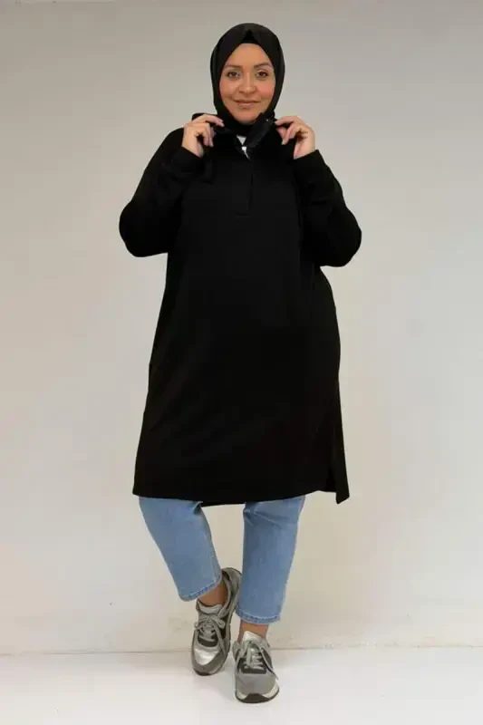 58135 Plus Size Hooded Half Padded Modal Tunic - Black - 1