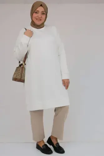 58151 Katta Hajmli Qўl Va Etek Uji Ўzidan Ribanalı Modal Tunik - Ekru - 1