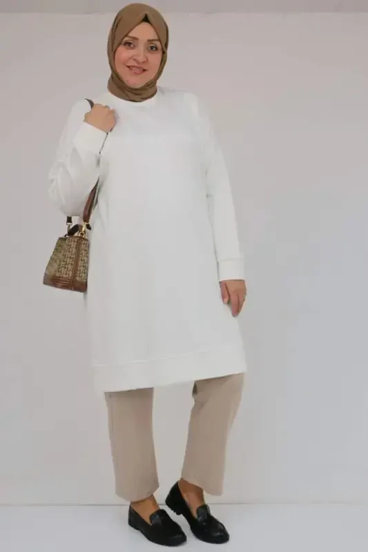 58151 Katta Hajmli Qўl Va Etek Uji Ўzidan Ribanalı Modal Tunik - Ekru - 1
