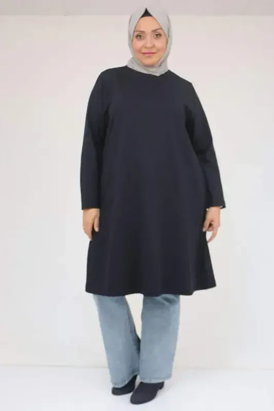 58154 Katta hajmli yoqasi biyeli ikki ipli tunik - Toʻq koʻk - 1