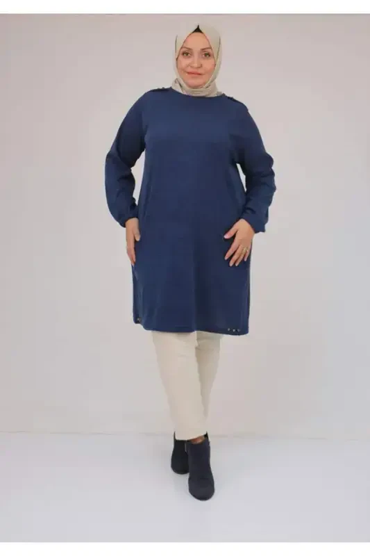 58155 Katta Hajmli Qo'llari Rezinkali Perchinli Mir Tunik - Indigo - BÜYÜKBEDENIZ