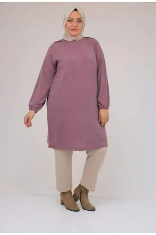 58155 Plus Size Elastic Sleeve Rivet Detailed Mir Tunic - Rose - 1