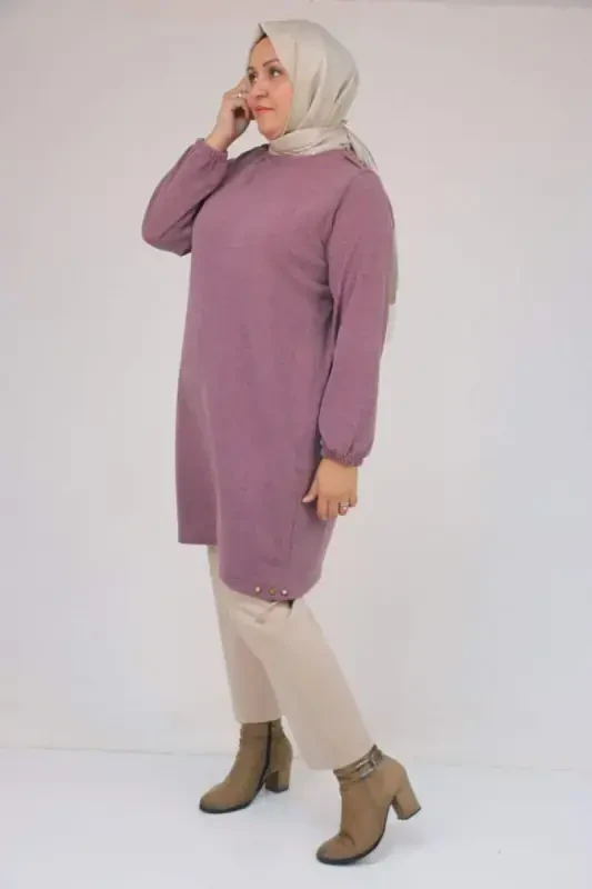58155 Plus Size Elastic Sleeve Rivet Detailed Mir Tunic - Rose - 2