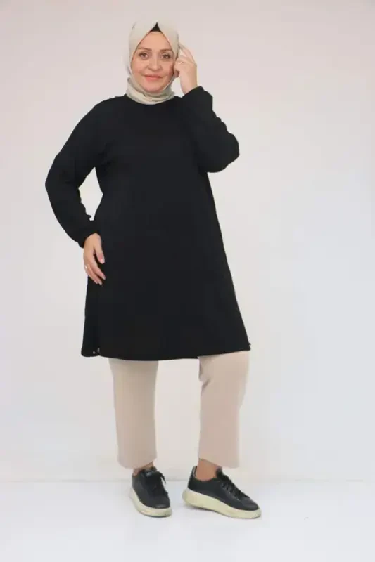 58155 Plus Size Elastic Sleeve Rivet Detailed Mir Tunik - Black - 1