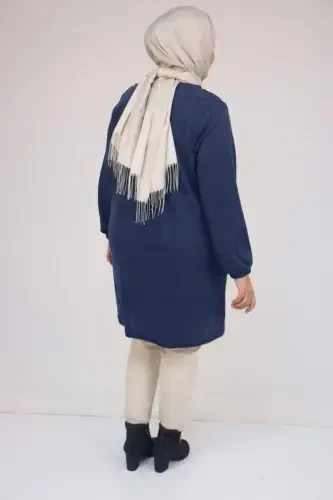 58155 Plus Size Elastic Sleeve Rivet Detailed Tunic - Indigo - BÜYÜKBEDENIZ (1)
