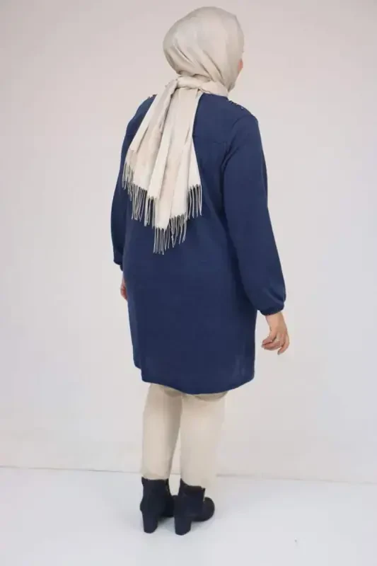 58155 Plus Size Elastic Sleeve Rivet Detailed Tunic - Indigo - 2