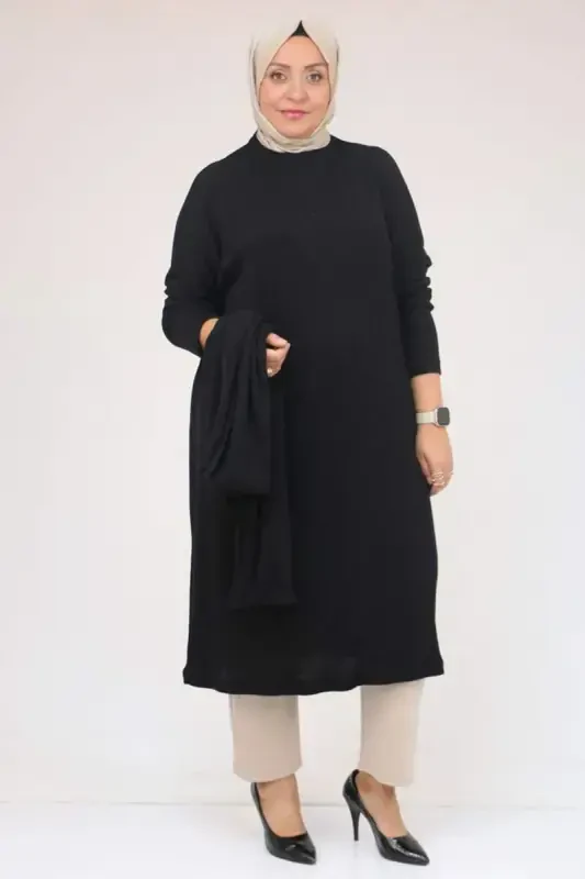 58158 Plus Size Scarf Model Mir Tunic - Black - BÜYÜKBEDENIZ