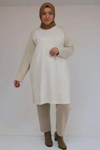 58162 Plus Size Detailed Modal Tunic - Beige - 1