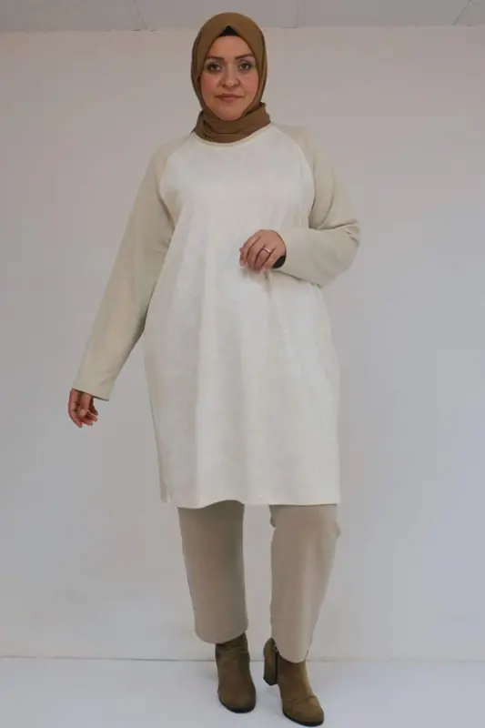 58162 Plus Size Detailed Modal Tunic - Beige - BÜYÜKBEDENIZ