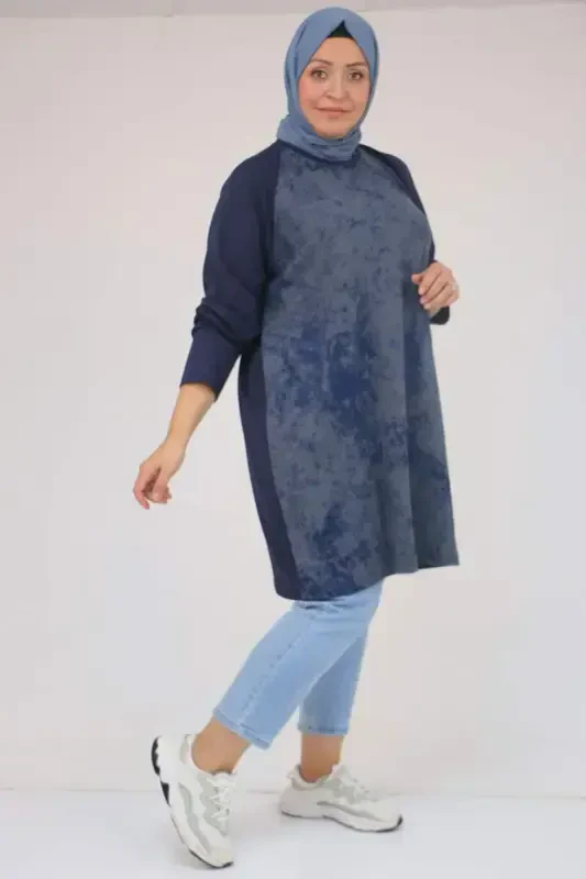 58162 Plus Size Embellished Modal Tunic - Indigo - BÜYÜKBEDENIZ