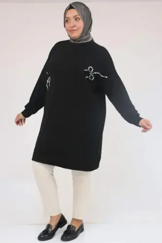 58165 Plus Size Stone Print Detailed Modal Tunic - Black - 1