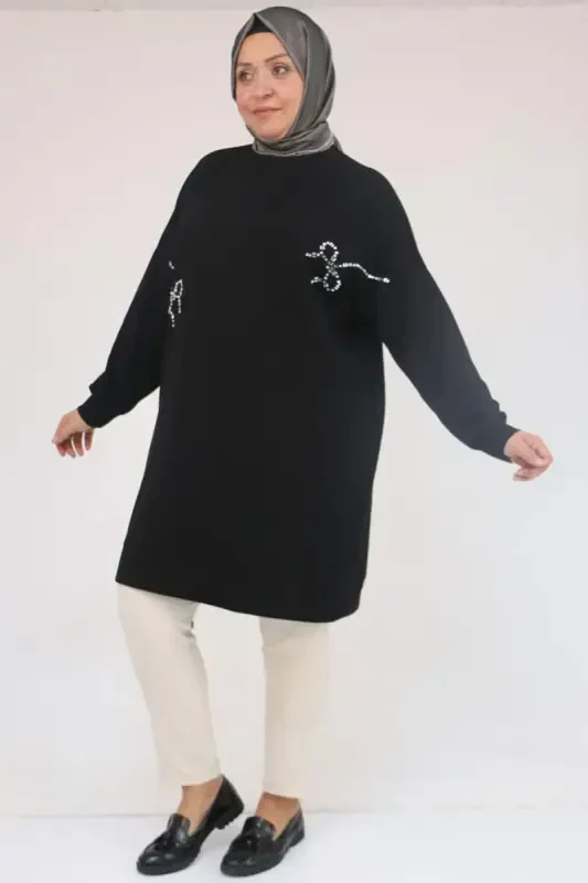 58165 Plus Size Stone Print Detailed Modal Tunic - Black - 1