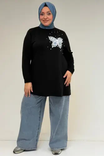 58172 Plus Size Stone Print Detailed Crystal Tunic - Black - 1