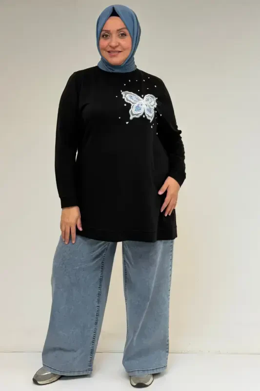 58172 Plus Size Stone Print Detailed Crystal Tunic - Black - 1