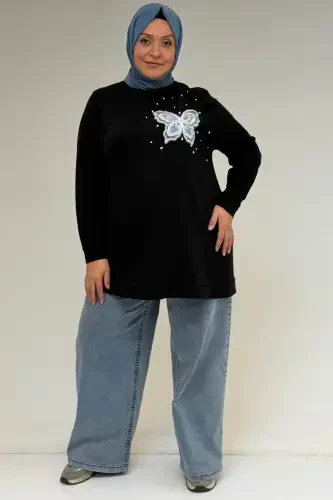 58172 Plus Size Stone Print Detailed Crystal Tunic - Black - 3