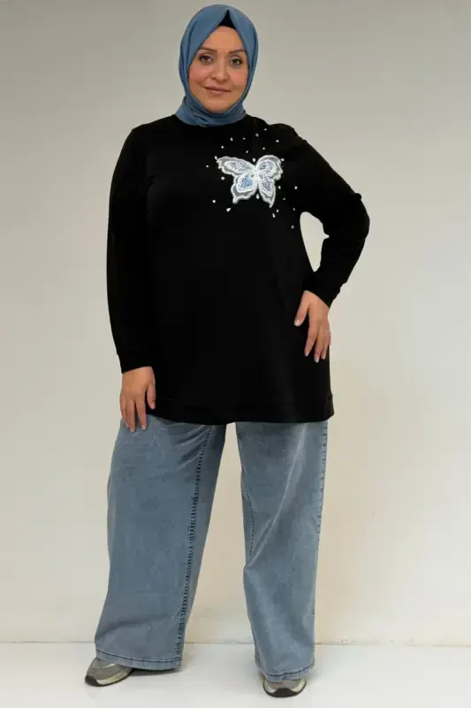 58172 Plus Size Stone Print Detailed Crystal Tunic - Black - 3