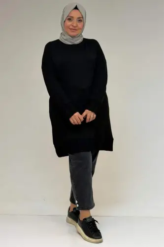 58173 Plus Size Lacing Detailed Modal Tunic - Black - 1