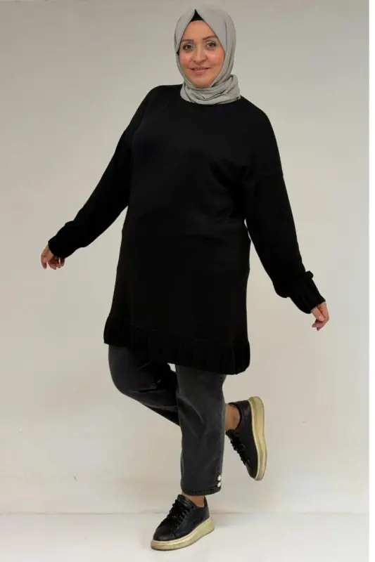 58173 Plus Size Lacing Detailed Modal Tunic - Black - 2