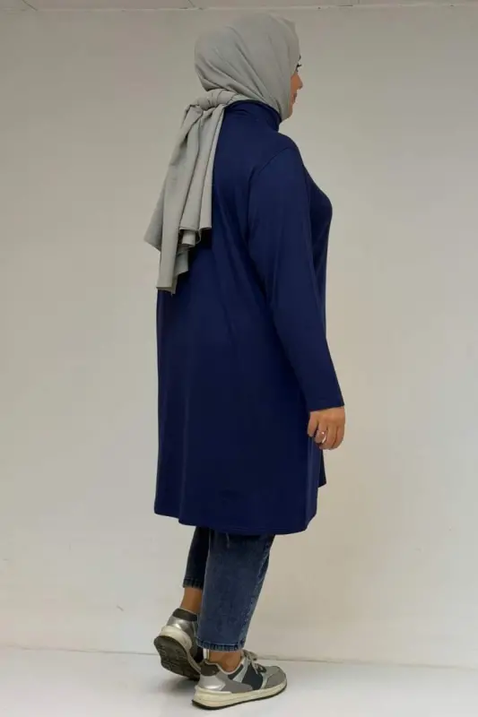 58175 Katta Hajmli Bo'g'izli Yoqali Asosiy Paxta Tunik - Indigo - 2