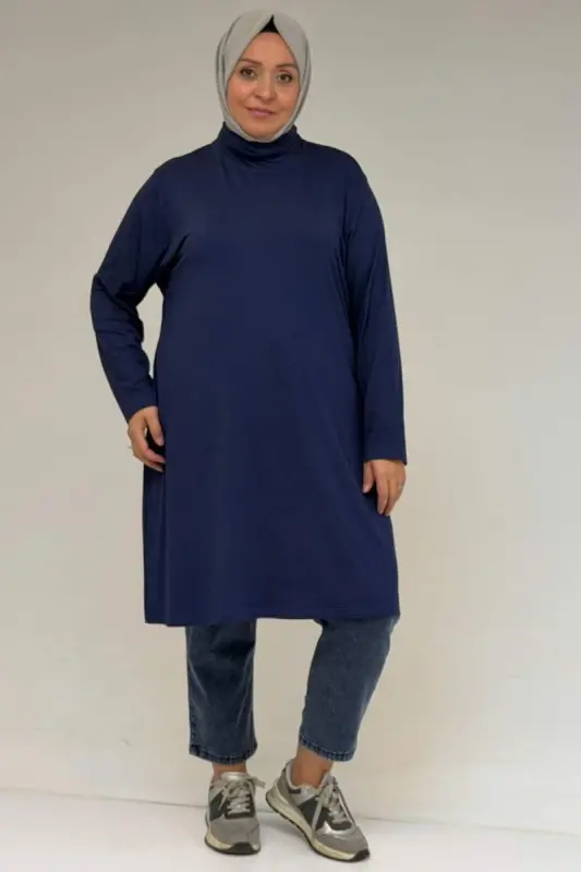 58175 Plus Size Turtleneck Basic Knitted Tunic - Indigo - 1