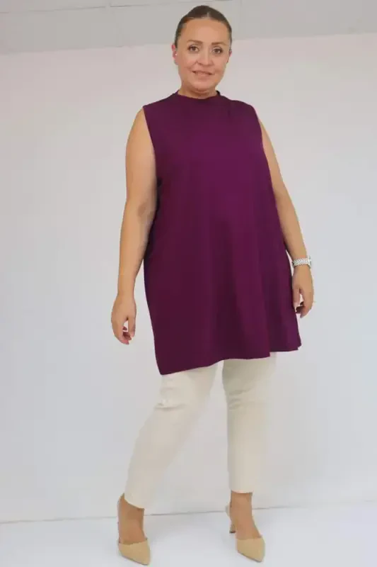 58501 Plus Size Mandarin Collar Knitted Undershirt - Plum - BÜYÜKBEDENIZ